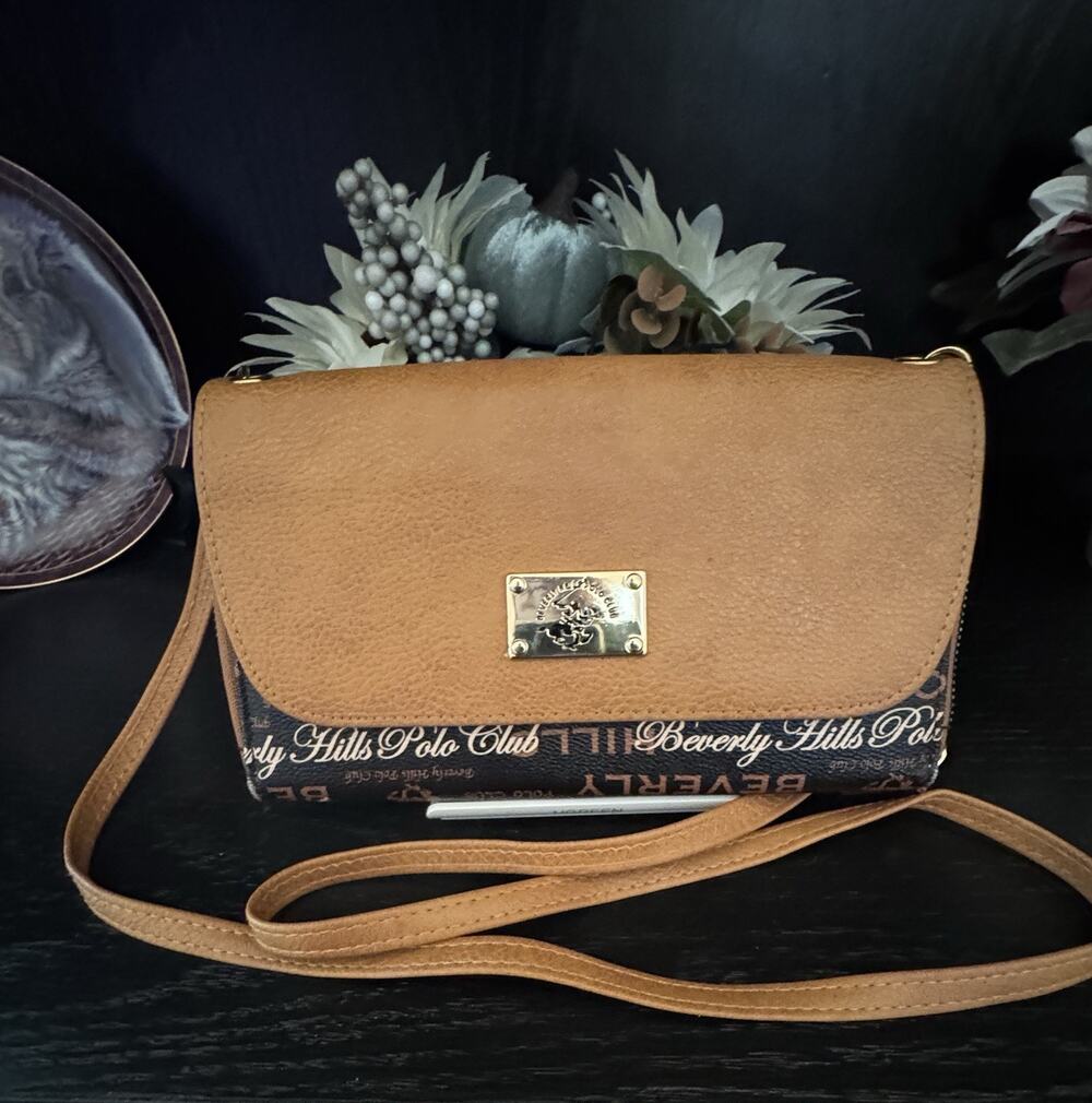 Beverly Hills Polo Club Brown And Black Monogrammed Crossbody Bag Wallet